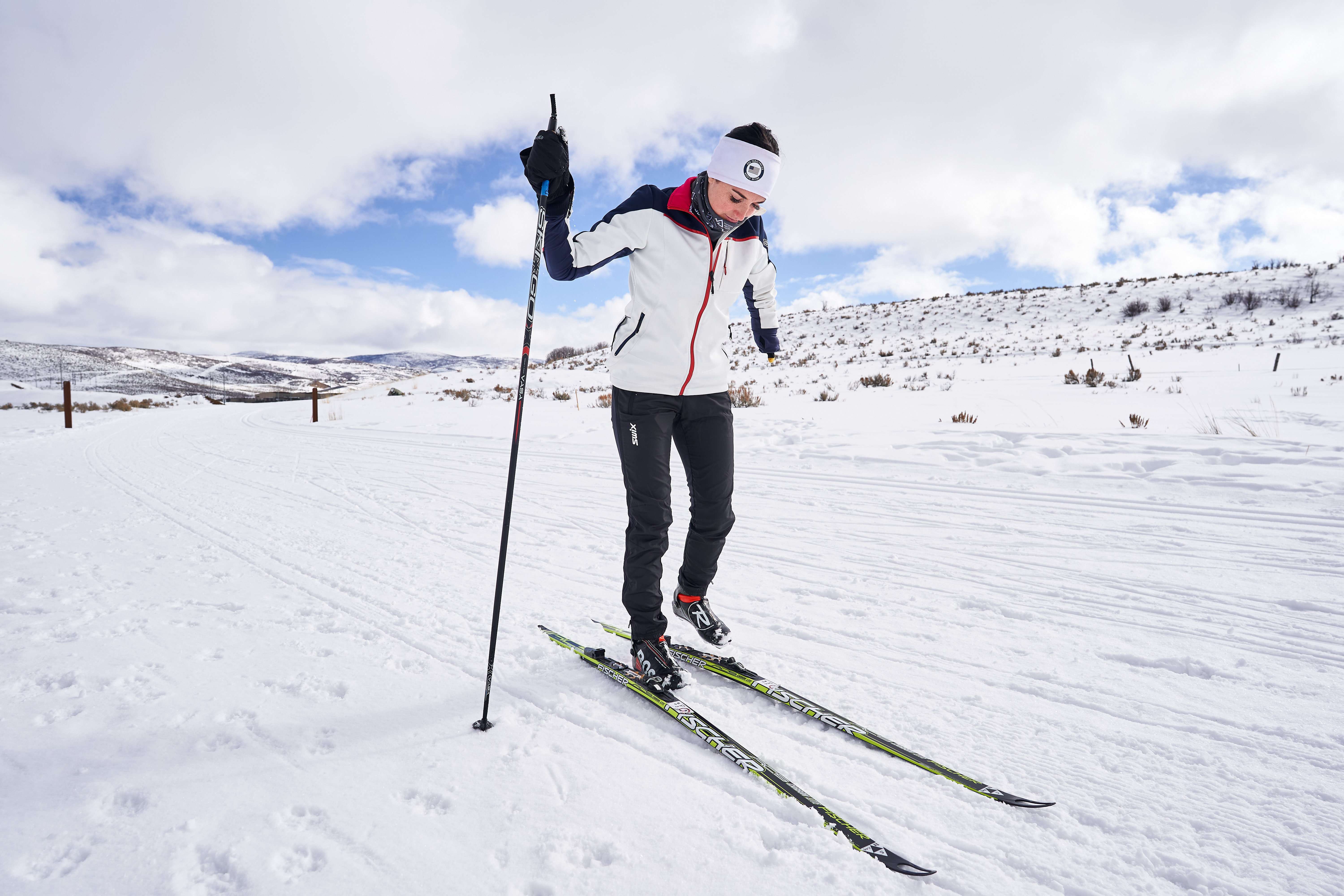 Woman cross country skiing