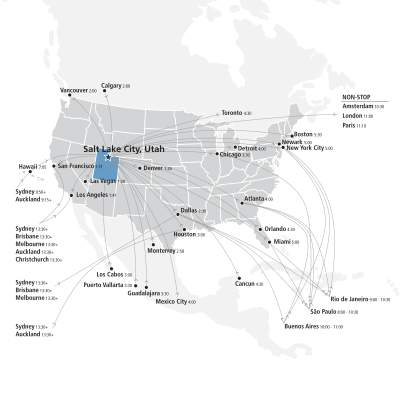 Map of International flights to Salt Lake City Airport