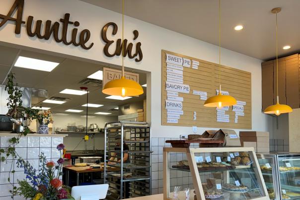 Menu and front counter at Auntie Em's Bakery in Park City, UT