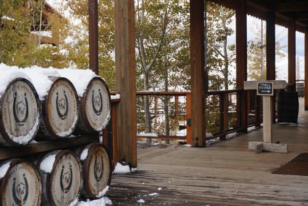 High West Whiskey Barrels covered in snow