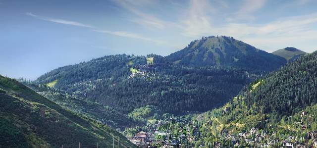 View of Historic District with green mountain and blue sky