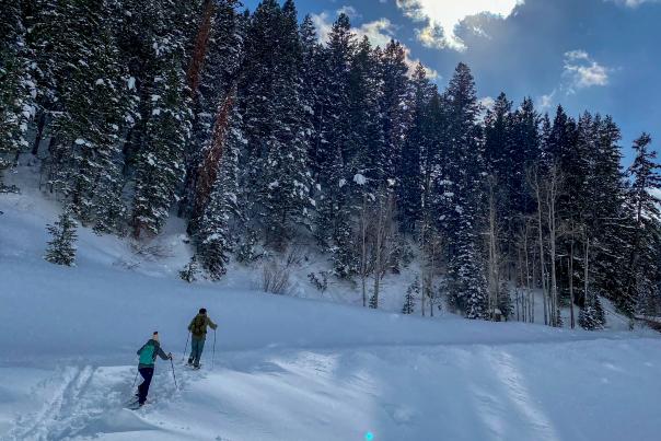 Two people snowshoeing through snow