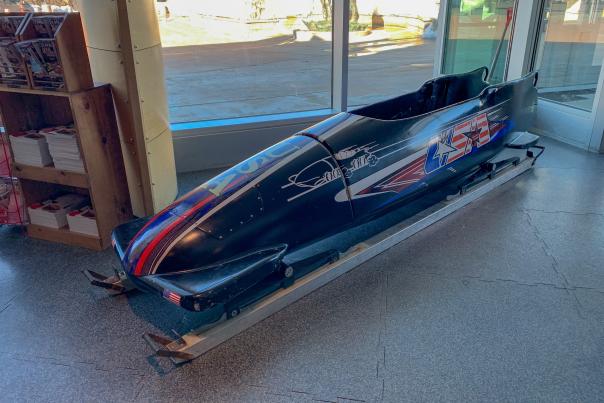 a bobsled in the lobby of Utah Olympic Park