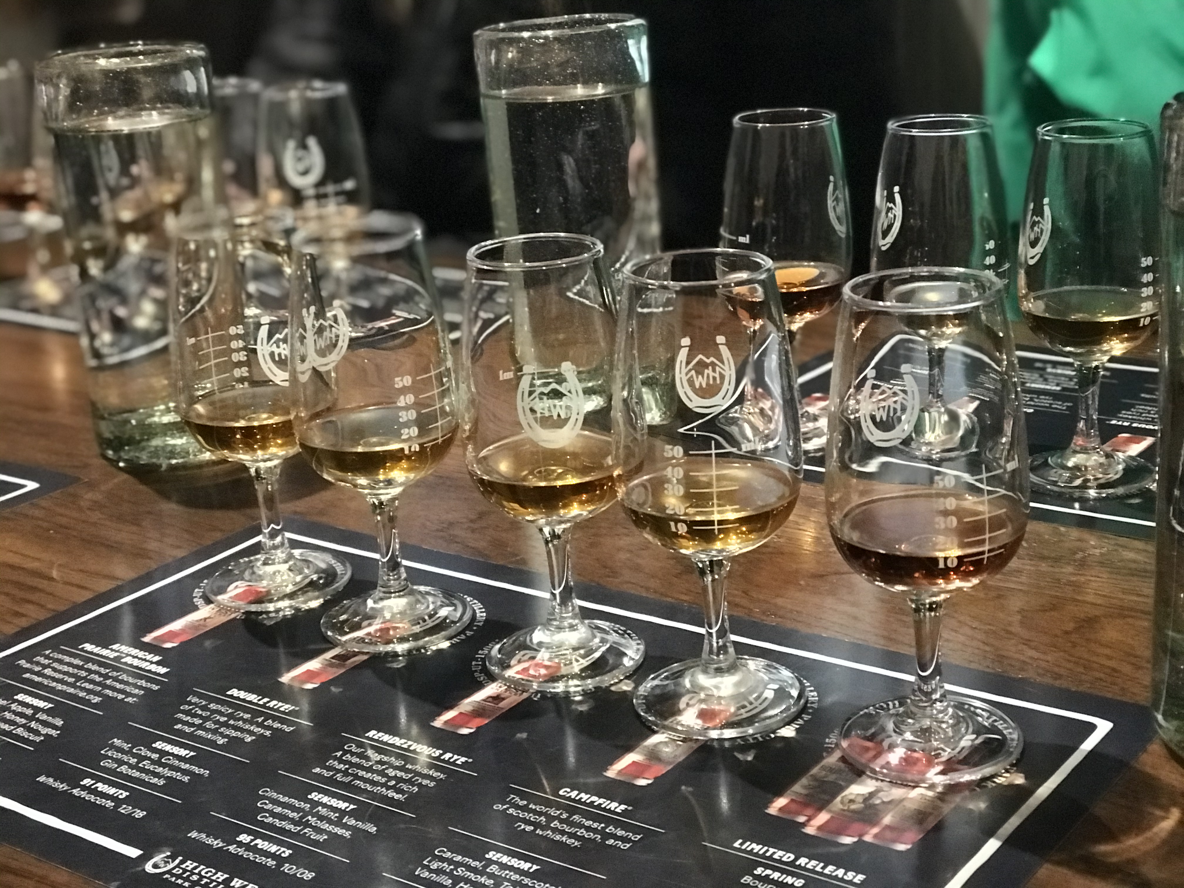 tasting flight of whiskey in glasses