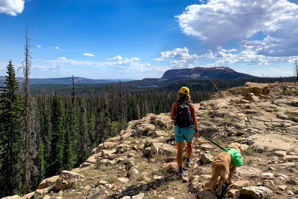 Woman hiking with dog along Three Divides Trail