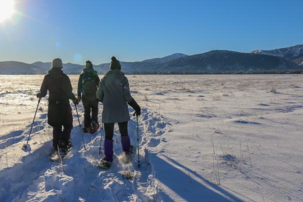 Three people Snowshoeing on the Swaner Preserve in the morning