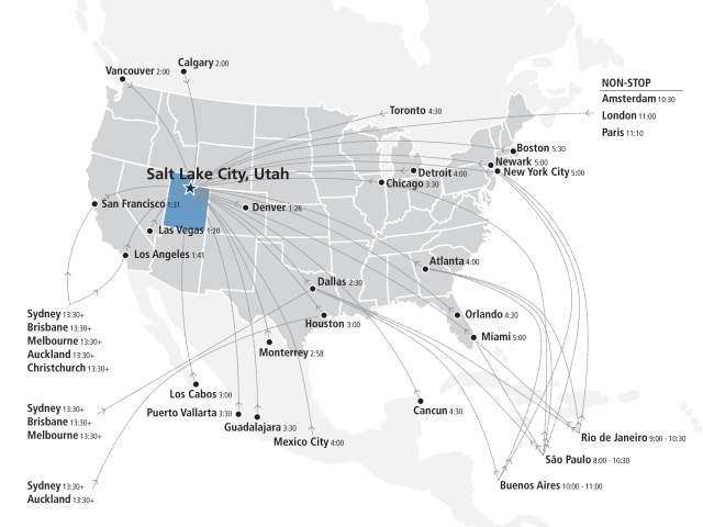 International flight map pointing to utah