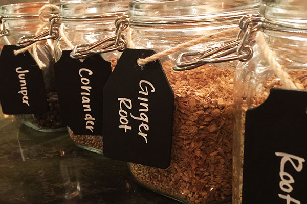 Jars of botanicals for making gin