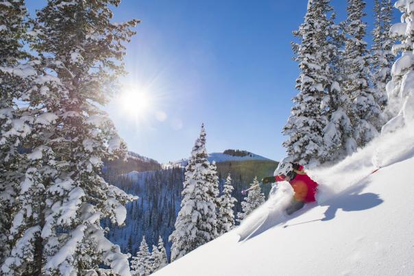 Skier with scenic view of sun and blue skies in background